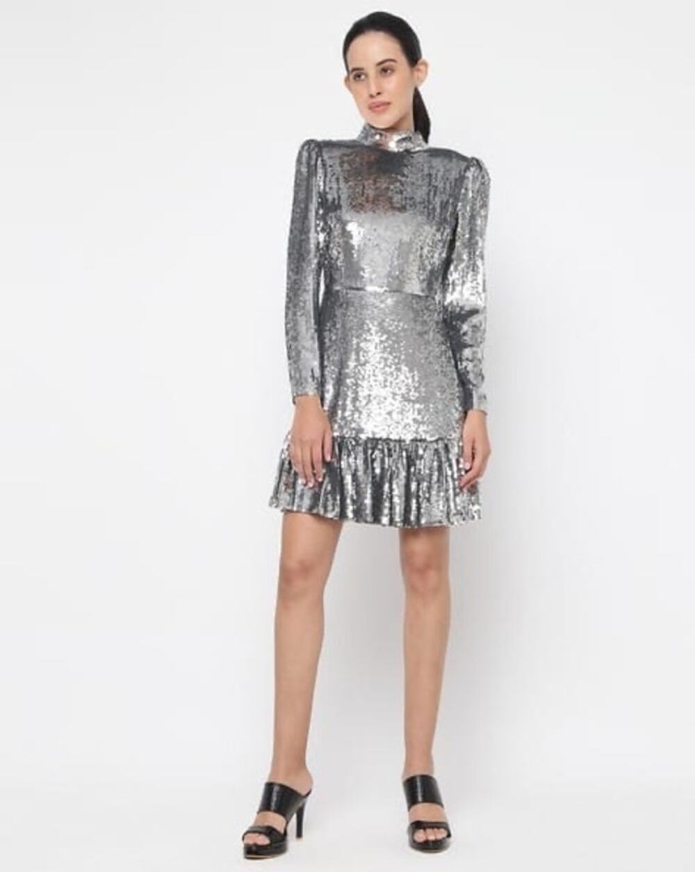 MICHAEL Michael Kors Silver Sequin Mock Neck Tiered Mini Dress Size 2